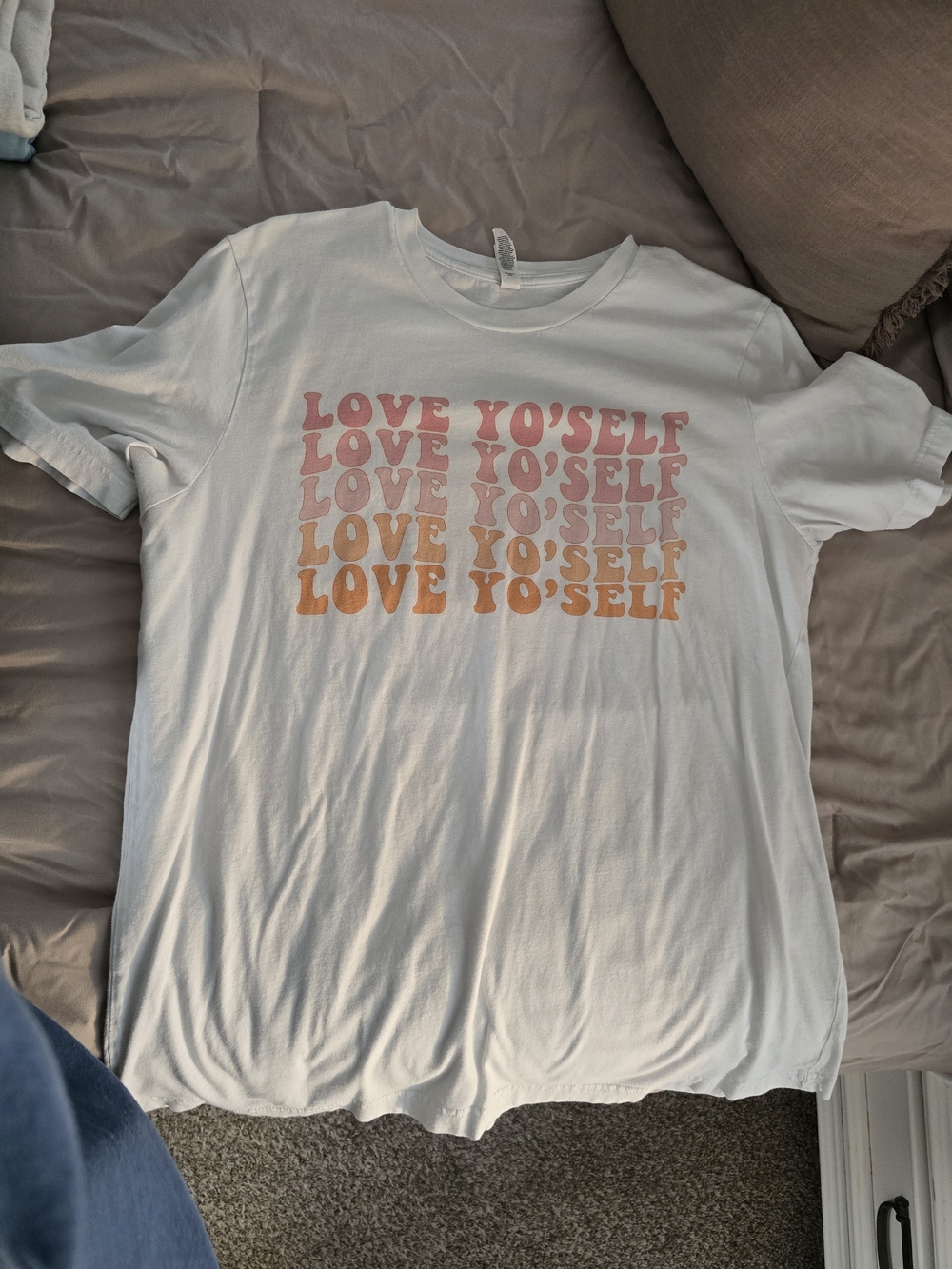 Bella Canvas White Tee with Pink and Orange 'Love Yo'Self' Graphic